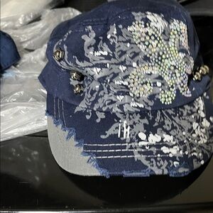 Embellished Navy Cap with Rhinestone Design